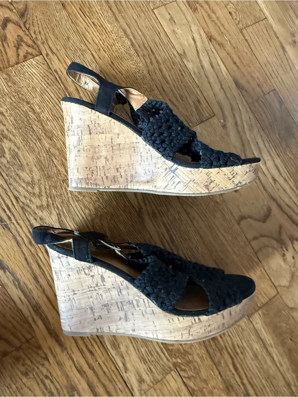 Black Woven Cork Wedge Sandals - Women size 8